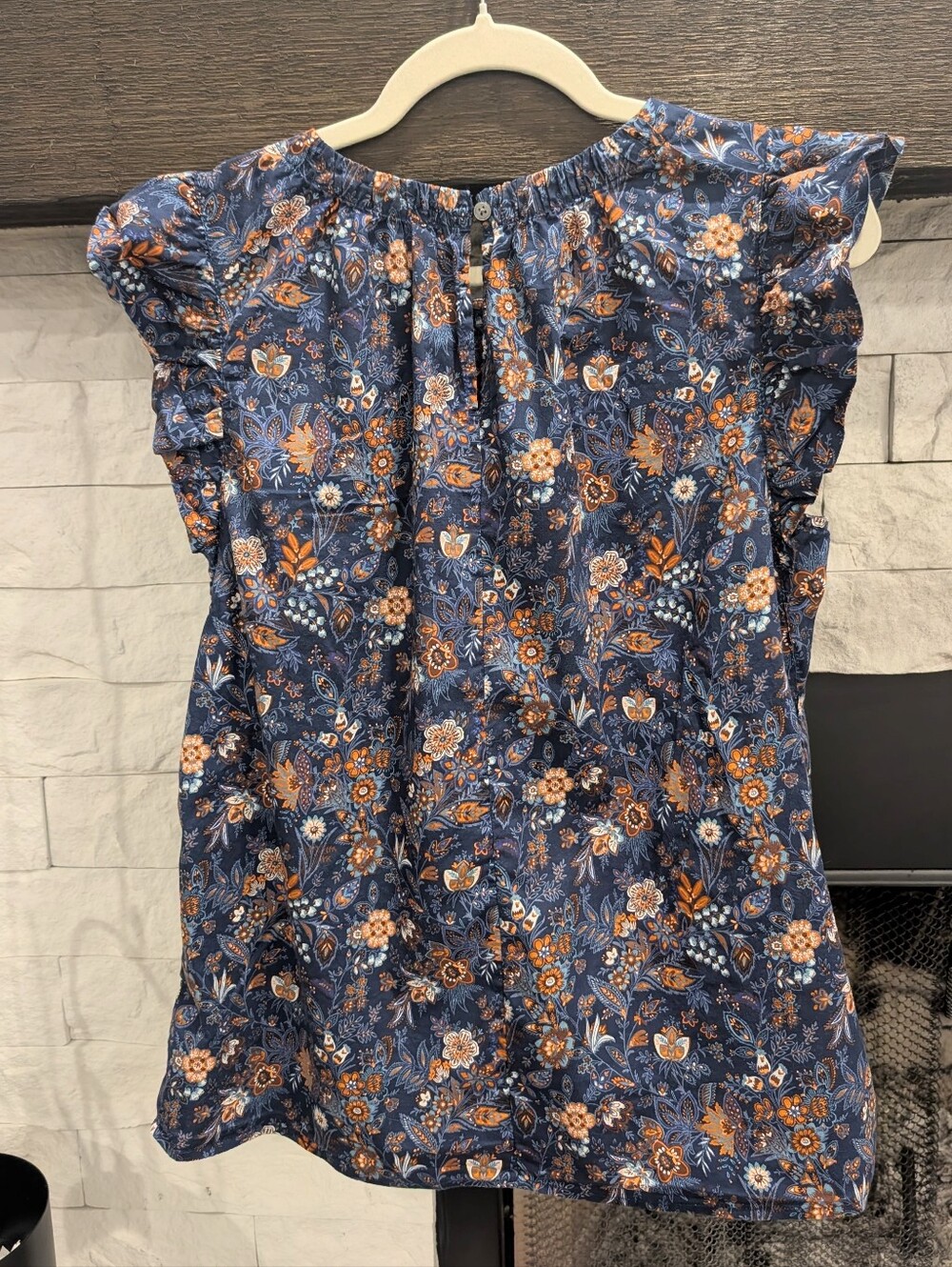 LOFT Navy Floral Ruffle Cap Sleeve Top - Picture 3 of 5